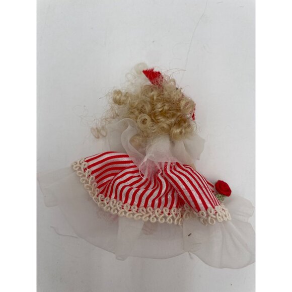 Vintage Blonde Porcelain Doll In Red & White Striped Dress With Tulle - Picture 2 of 5